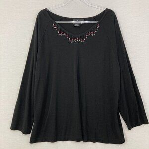 Carole Little size 2X Black Stretch Knit Beaded Comfy Pullover Long Sleeve Top
